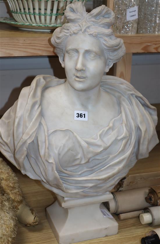 A carved marble bust of Diana the Huntress, height 57cm